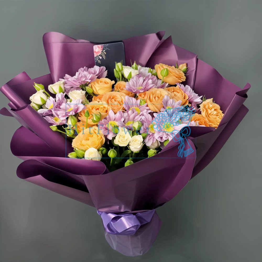 Букет цветов Весенний акварель Букет цветов из: Розы и Хризантемы